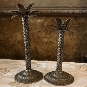 Vintage Bronzed Brass Pineapple Palm Tree Candlestick-Set of 2